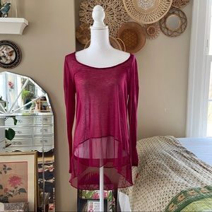 Free People Sheer Wine Red Long Sleeve Top